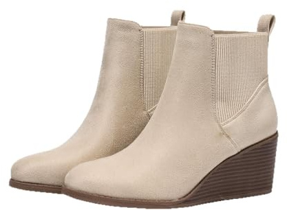 Botines de cuña de gamuza sintética para mujer, diseño Chelsea elástico lateral, cómodos botines casuales con tacón de cuña, beige, 40 EU