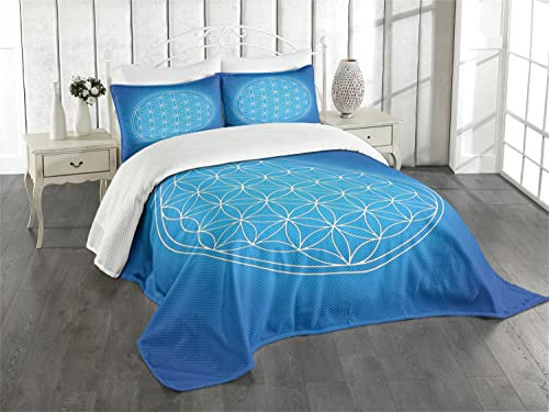 ABAKUHAUS Blau Tagesdecke Set, Blume des Lebens, Set mit Kissenbezügen Sommerdecke, für Einzelbetten 170 x 220 cm, Weiß Blau