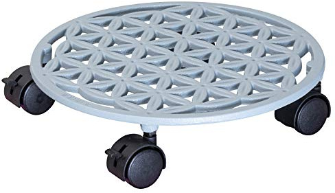WAGNER Plant trolley FLOWER OF LIFE Ø 29 x 6,5 cm I Flower trolley for indoor + outdoor use I Container trolley made of cast iron, papyrus white, with 2 breaks I Load capacity 50 kg - 20091901