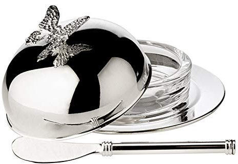 EDZARD Burriera Butterfly, con ciotola e coperchio in vetro, argentata, diametro 14 cm, compreso coltello da burro