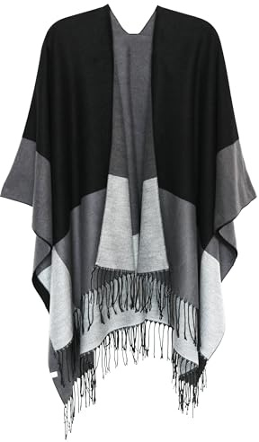 DiaryLook Damen Poncho Schal Winter Cardigan Übergroße Cape Elegant Poncho Für Frauen Umhang Damen Warm Geschenk Für Mutter Schwarz Hellgrau Gestreift