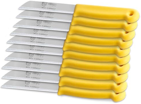 Gemüsemesser aus Solingen Schälmesser Set 10er Küchenmesserset Made in Germany Obstmesser Gelb mit Scharfem und Präzisem Schnitt Allzweckmesser zum Schneiden von Obst und Gemüse (Lang - Gezahnt)