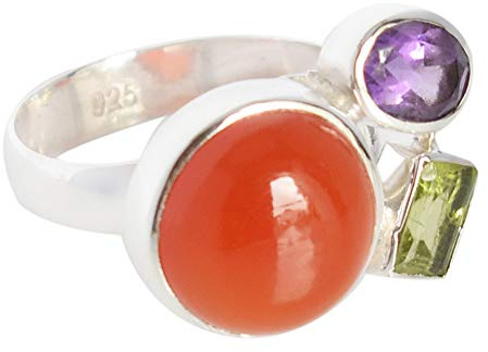 Naturlig karneol, peridot, ametist ädelsten 925 sterling silver infattning uttalande ring FSJ-4044A, Ädelsten, Karneol, peridot, ametist
