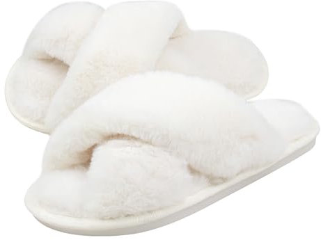 Milaloko Women Fluffy Cross Band House Slippers Fuzzy Open Toe Slippers Slip-on Cozy Plush Home Shoes Indoor Outdoor, White, 38-39