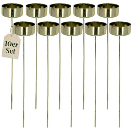 MIJOMA 10 stycken ljushållarset, värmeljushållare för plug, metall, gör-det-själv-adventskrans, julkrans, längd 20 cm, för ljus och värmeljus upp till 40 mm diameter, perfekt bordsdekoration (guld)