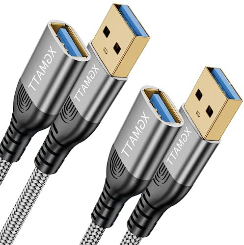 USB 3.0 Verlängerung Kabel 0.3M 2Stück,USB Verlängerungskabel A Stecker auf A Buchse mit eleganten Alluminiumsteckern, Nylon Stoffmantel für Tastatur, Drucker,PS VR, Kamera, Kartenlesegerät,Grau
