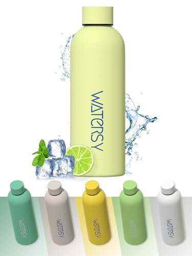 WATERSY Botellas de Agua Termica 500 ml, Botella de Agua para Niños, 17oz Taza Termica, Sin BPA, Fría y Caliente con Doble Vacío, para Escuela, Deporte, Gimnasio, Oficina (Amarillo Limón)