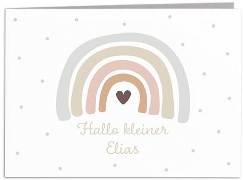 Karte zur Geburt personalisierte Glückwunschkarte Regenbogen Babykarte Geburtstagskarte Baby Geburtskarte Klappkarte mit Umschlag 14,8 x 10,5 cm (Beige)