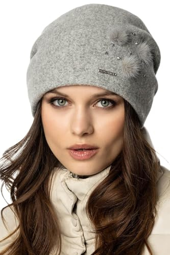 Vivisence Invernale Cappello Elegante Da Donna Con Fodera Interna Decorato Con Tre Pompon In Pelliccia E Zirconi Realizzato In Caldo Filato Di Lana Perfettamente Adattabile, Grigio Chiaro,Taglia Unica