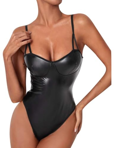 Satohom Women's Sexy Leather Lingerie Set Wet Look Babydoll Bodysuit Push up V Neck Underwear,Naughty Backless Outfits Cosplay Costumes Leotard,Teddy Chemise Nightwear Sleepwear for Women for Clubwear
