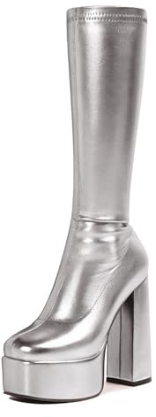 Stivali Alti Fino al Ginocchio con Plateau e Tacco Spesso e Punta Quadrata da Donna, Stivali Alti in Similpelle Slip-on, Stivali alla Moda Autunno Inverno a metà Polpaccio,Argento,38 EU