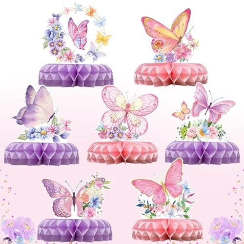 7Pcs Butterfly Birthday Decorations Supplies，Butterfly Centerpieces Tables, Butterfly Honeycomb Table Decorations Centrepiece Butterfly Theme Party Supplies For Girls Birthday Baby Shower Party Decor