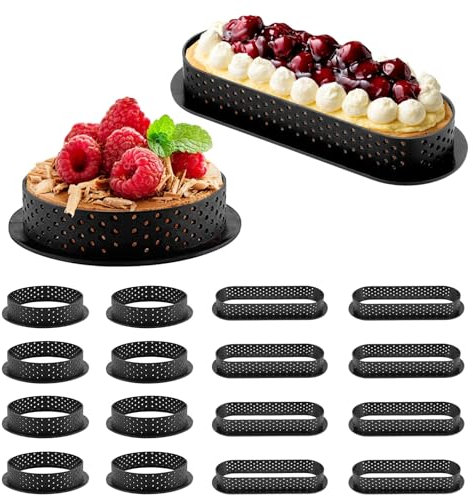 16Pcs Anneaux de Tartes Rond, moule à tartelette, Cercle à Tarte, Moule à Gateau Perforé en Ovale, Cercle à Pâtisserie, Cercles à Gâteau Antiadhésifs avec Trous d'aération pour Desserts, Gâteaux, DIY