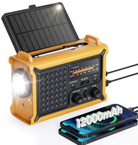 Radio meteorologica di emergenza con solare e manovella, radio portatile NOAA AM/FM, batteria esterna da 12000 mAh/44400 mWh, torcia LED e lampada da lettura, allarme SOS per kit di sopravvivenza in