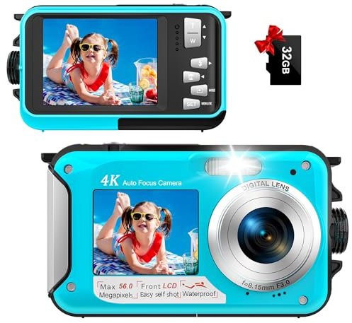 Digitalkamera, YISENC 4K Unterwasserkamera, 64MP Autofokus 16FT Digitalkamera wasserdichte mit 32GB Karte, Dual-Screen Selfie 1250mAh Batterie, 16X schwimmfähig Digital für Schnorcheln