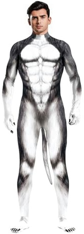 Jackolume Halloween djurbodysuit för män med svans lurvig 3D-tryck kostym helkropp muskel zentai jumpsuit vuxen petsuit enhet cosplay utklädningsfest