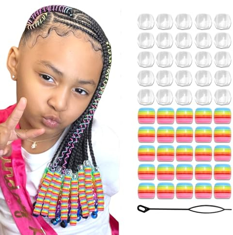 Auroriel 60 pièces perles à cheveux arc-en-ciel tresses grosses dreadlocks perles en acrylique colorées et transparentes pour filles enfants avec aide à l'enfilage