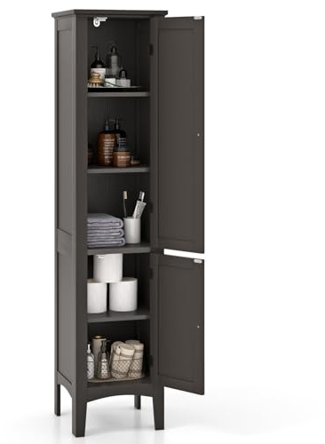 LIFEZEAL Armadio da bagno, Mobile alto con 2 ante, Armadio bagno con 5 ripiani, Armadio bagno archivio in legno e MDF, Armadio multiuso per piccoli appartamenti, 37x37x160 cm (Caffè)