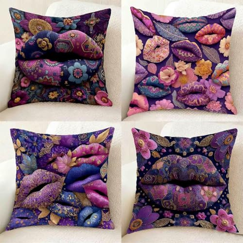 Lila Soffkuddar Soffa Kuddar 60 x 60 cm Set om 4, Mjukt Örngott Läppkudde Dubbelsidigt Tryck Osynlig Dragkedja För Hemdekorationer, Present Kvinnor -bby25011QJ
