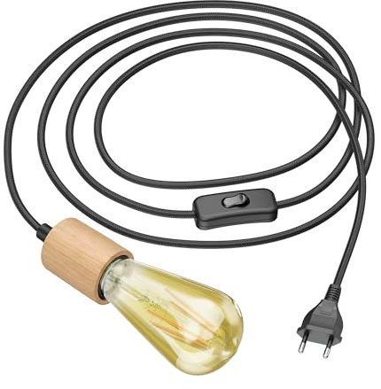 ledscom.de Textilkabel KIVO, svart, 3m, äkta trä E27-sockel, stickpropp, strömbrytare, inkl. LED-lampa, 3-stegsdimmer, max. 814lm, extra varmvit