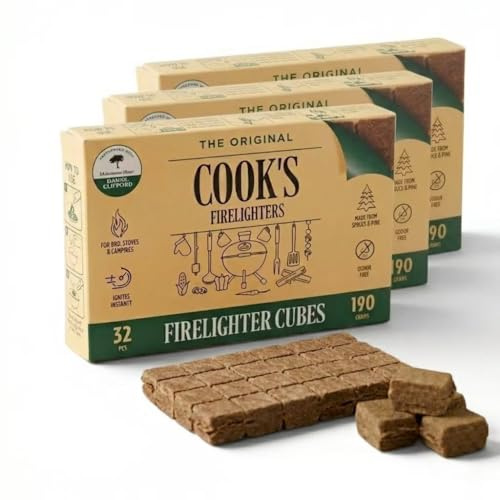 32pc Firelighter Cubes, 190g, Cook's Natural Firelighter Cubes, Compact Small Pack for BBQ, Stoves & Fireplaces (3-Box, 96pcs)