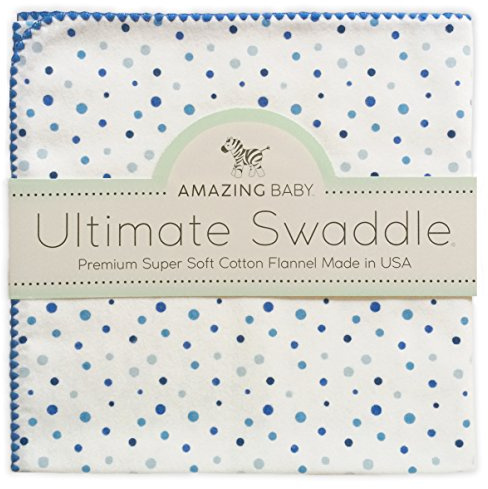 Amazing Baby Large Receiving Blanket, Ultimate Swaddle for Baby Boys, Girls, Softest US Cotton Flannel, Best Shower Gift, MADE in USA, Playful Dots, Multi Blue, Mom’s Choice Winner, 42x42