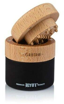 RYOT Moulin à herbes GR8TR en bois avec corps transparent ou noir mat et dessus en hêtre ou noyer (couvercle en hêtre/pot noir)