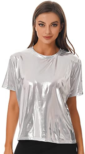 FEESHOW Dam metallisk skjorta topp glänsande t-shirt kortärmad topp rund hals sommar fest klubbkläder silver/guld/lila/rosa/blå, Silver B, M