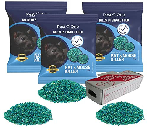 Rat & Mouse Poison Bait Grains - Maximum Strength Strongest Rodent Single Feed Killer All Weather 150g (3x50g) with 1 Rodent Cardboard Box