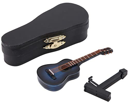 Buachois Decorazione in Legno per Chitarra in Miniatura con Supporto, Mini Strumento Musicale per Casa delle Bambole Ornamento Artigianale per La Decorazione Dell'Ufficio in Casa Regalo(14 cm Blu)