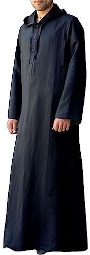 Jacansi Mens Thobe Long Sleeve Kaftan Button Up Casual Solid Long Gown Loungewear Beach Shirt with Pocket Black 2XL