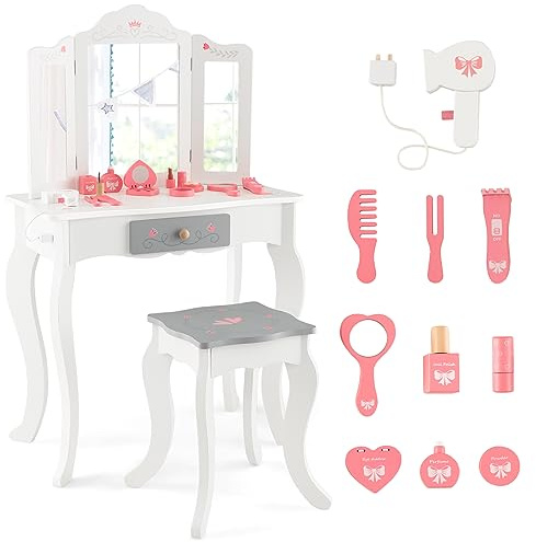 Costzon Kids Vanity Set, 2 in 1 Princess Makeup Dressing Table & Chair Set w/Detachable Tri-fold Mirror, Toddler Vanity with Drawer, Vanity Set for Little Girls (White)