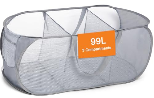 Durable Collapsible Foldable Pop Up Laundry Hamper, Sturdy 3 Compartments, Handy Pocket & Easy to Sort Clothes Hampers for Dorm, Kids Room, Travel - Grey