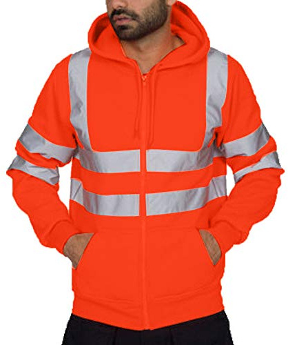 Sweatjacke Herren Sicherheitsjacke mit reflektierenden Streifen, Warnschutzjacke mit Kapuze, Pulli Berufsjacke Langarm Warnjacke Orange XL