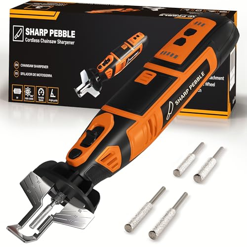Sharp Pebble elektrisk sladdlös motorsågsslipare kit – levereras med motorsågsslipare verktyg, 4 filstorlekar slipande hjul, vinkelfäste, skiftnyckel och e-bok