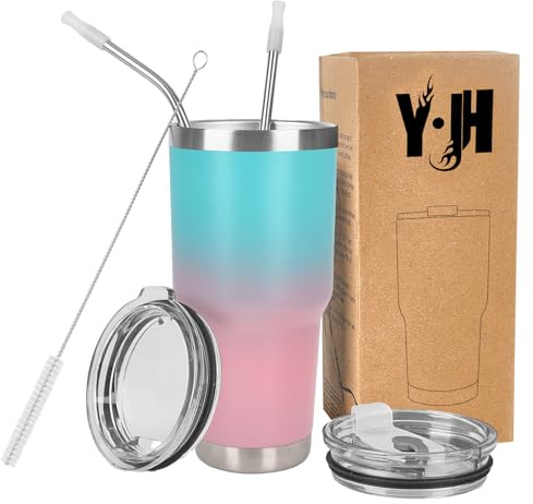 Y·J&H 30oz (850ml) Travel Tumbler Double Wall Vacuum Insulated Coffee Mug Stainless Steel Coffee Cup with 2 Splash Proof Lid, 2 Straws & Free Cleaning Brush, BPA Free - Turquoise&Pink