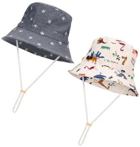 2 Pieces Toddler Sun Hat Kids Bucket Sun Hat Baby Cute Print Summer Sun Cap with Adjustable Chin Strap Outdoor Kids Summer Protection Bucket Hats,1-3 Years Blue