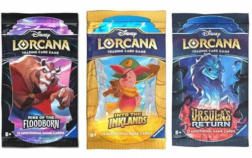 3er Mystery Lorcana Booster - 3 zufällige Booster mit 12 Karten pro Pack aus Allen Lorcana Sets wie INKLANDS, URSULAS Return und mehr - ENGLISCH + Heartforcards® Versandschutz