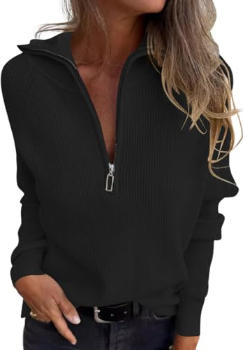 Tomwell Pull à Col Rabattu Zippé Femme Chic Pullover Chaud Sweater Vintage Jersey Zip Pulls Tricot à Manches Longues Tops Casual Chandail