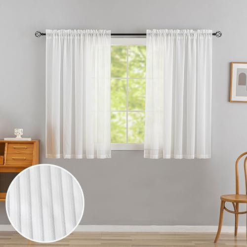 Home Brilliant Striped Sheer Curtains, Net Curtains for Windows 45 Drop, White Short Woven Voile Curtains for Kitcken Window Treatment, Set of 2, 54 x 45 inches