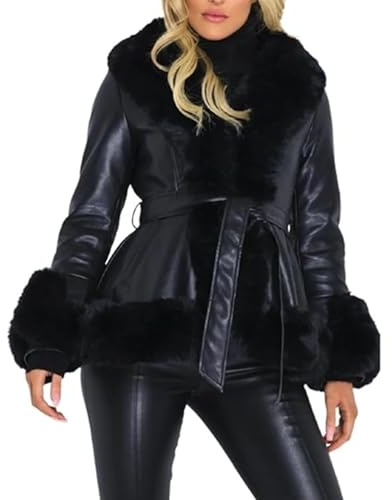 Qolkmuiy-GJ Manteau d'hiver chaud en cuir synthétique avec bordure en peluche pour femme avec col en fourrure ouvert sur le devant, veste épaisse avec ceinture, Noir, M