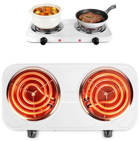 TeqHome Double Hot Plate, 2000W Portable Countertop Burner & Electric Stove, 5-Level Temp Cast Iron Double Burner Cooktop for Home/RV/Camping (White)