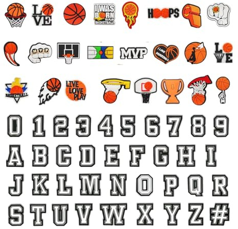 Flewdart Zapatos Charm Letra Alfabeto A-Z Numero 0-9 61pcs, Pins Adornos Letra Chicos baloncesto deportistas Para Crocs Shoe Charm Accesorios Diy Para Mujeres Niños (Baloncesto, 61)