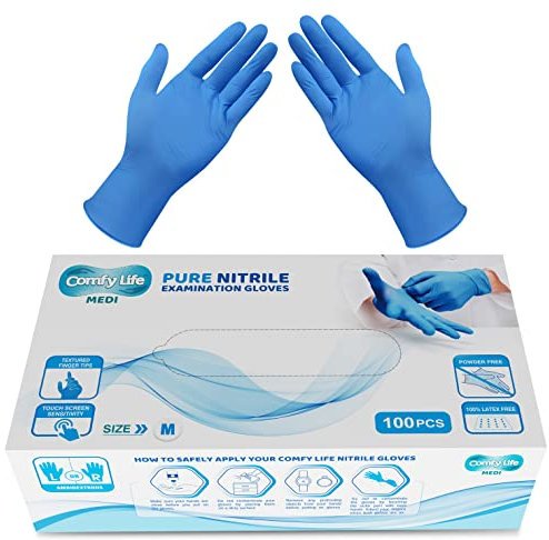 Comfy Life MEDI Pure Nitrile Gloves - Latex & Powder Free Disposable Examination Glove - Pack of 100 Medium Blue Nitrile Gloves