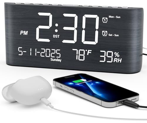 Mesqool Digital Alarm Clock, with Calendar Temperature and Humidity, Loud Volume, Dual Alarm, USB and Type-C Charging Ports, Dimmer, 12/24H, Snooze, Stylish Wood Grain Pattern Digital Clock for Décor