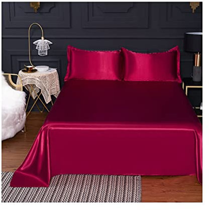 Satin Bettlaken ohne Gummizug Betttuch 120X230cm 180X230cm 230X250cm Laken Flaches Blatt Glänzend weiche und Glatte Bettlaken schwarz blau rot braun lila (Color : Red, Size : 180X230cm)