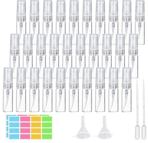 suruikei 30 Stück 3ml Parfümzerstäuber Glas, Mini Sprühflasche klein Zerstäuber Nachfüllbar mit Trichter Pipetten und Etikettenaufkleber, Parfüm Zerstäuber für Unterwegs (30 x 3ml, Transparent)