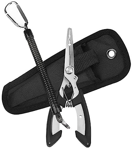 Fishing Pliers Fishing Hook Remover Stainless Steel Fishing Tongs Multifunctional Split Rings Pliers with Lanyard for Freshwater Saltwater Fly/Ice Fishing Fishing Gear-Black