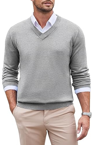 COOFANDY Maglione Uomo Scollo V Pullover Classico Invernale Maglia Fine Regular Fit Maglione Elegante Casual Ufficio Pullover Basic Uomo Grigio Chiaro XXL