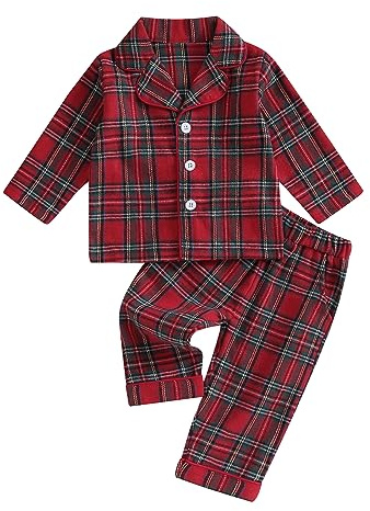 Geagodelia Set Pigiama per Neonato e Bambino, Motivo a Quadri, per Autunno e Inverno, con Camicia a Maniche Lunghe e Pantaloni, Rosso, 6-12 Months